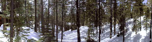 Lake Village Vista showing the wooded lots and snow covered hillside between two  Lake Tahoe Vacation Rental Units